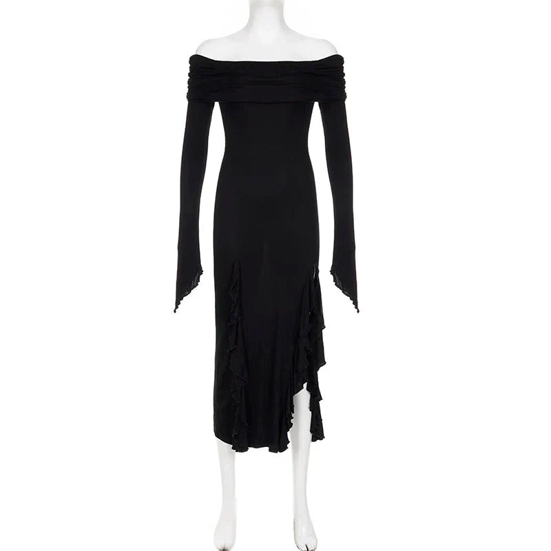 French Elegant Off Shoulder Midi Dress Y2K Black Gothic Irregular Split Long Sleeve Dress Ladies Beach Slim Party Vestidos