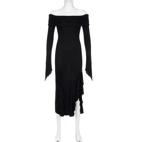 French Elegant Off Shoulder Midi Dress Y2K Black Gothic Irregular Split Long Sleeve Dress Ladies Beach Slim Party Vestidos