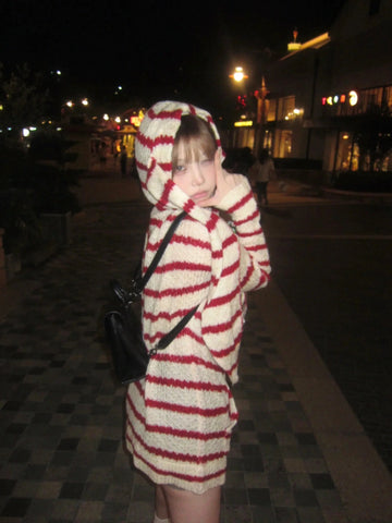 Japanese Y2k Hooded Cardigan 2000s Aesthetics Rabbit Ears Zipper Knitwear Vintage Harajuku Red Stripe Sweater Grunge