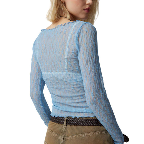 Lace Tops for y2k Clothes Sheer See Through Round Neck Long Sleeve Ruched T Shirt 2000s Clothing Party Clubwear