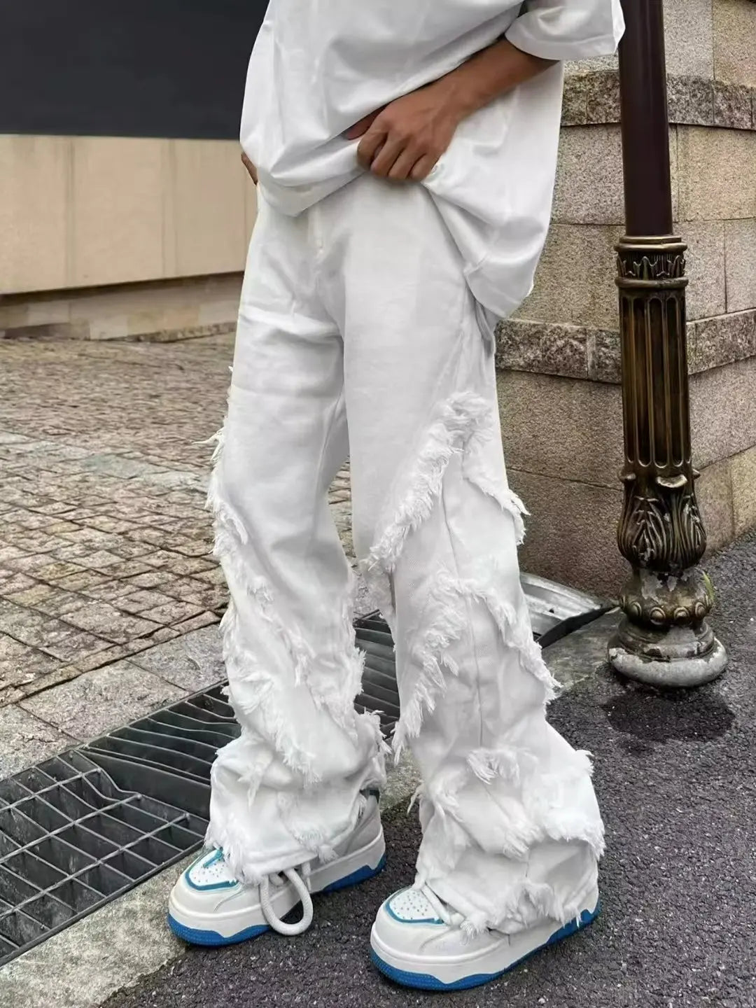 American Style Erosion Damage Raw Edge Street Jeans Harajuku Style Hip-hop Dance Straight White Jeans Y2k Clothing