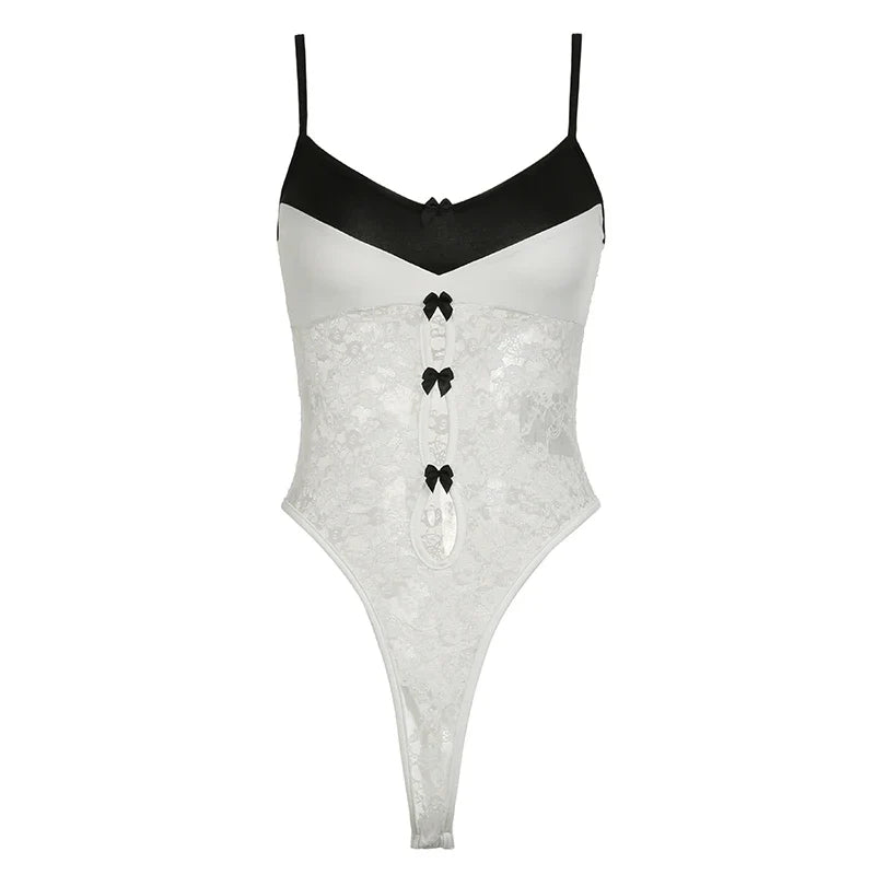 Voguable Korean Style Contrast Lace Patchwork Bodysuit Multi Bows Hollow Out Sleeveless Bodysuits Y2K Translucent Top