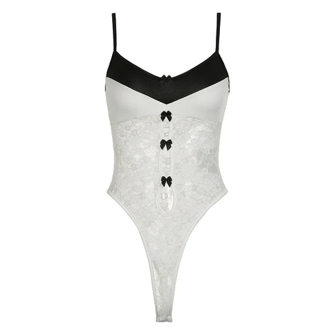 Voguable Korean Style Contrast Lace Patchwork Bodysuit Multi Bows Hollow Out Sleeveless Bodysuits Y2K Translucent Top