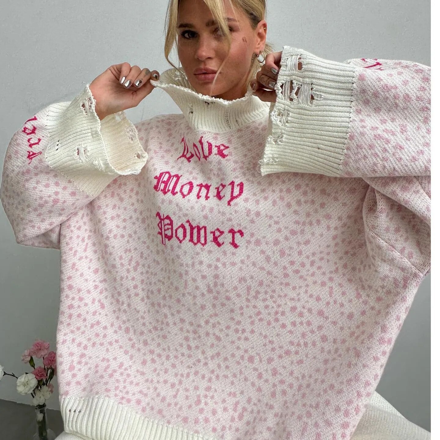 Sweater  and Winter Hollow Out Casual Loose Round Neck Printed Pullover Y2k Knit Tops for Women