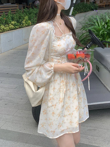 Voguable Elegant Y2K Midi Dress Casual Lace One Piece Dress Korean Sweet Vintage Floral Dress Party Long Sleeve