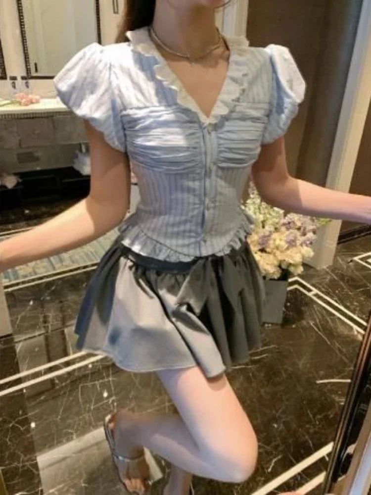 Voguable Japanese Style Kawaii Suit Girls Cute Stripe Slim Bouse + Bow Y2k Mini Skirt Korean Sweet Skirt Set Woman Chic