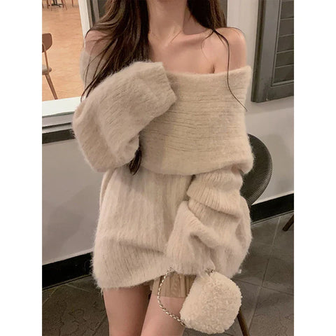 Design White Knitted Sweater Long Sleeve Pure Color Korean Y2k Clothing Elegant Pullover Female