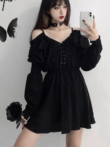 Harajuku Gothic Dress Y2K Off Shoulder Black Bandage Mini Dress Elegant Party Night Vestidos New