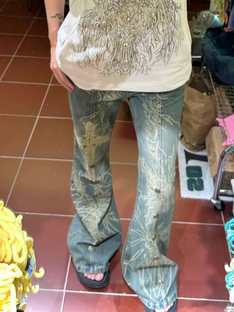 American Vintage High Waist High Street Style Blue Straight Jeans Pants Wide Leg Print Baggy Y2K Retro Denim Trouser