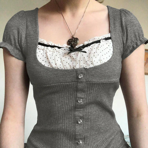 Voguable  Ribbons Bow Contrast Patchwork T-shirt Y2K Aesthetic Button Up Frill Casual Basic Crop Top Kawaii Lolita Tops Cute Tees