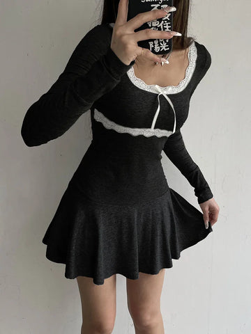 Voguable Lace Patchwork Knitted Mini Dresses Y2K Sweet Bow Bodycon Long Sleeve Pleated Dress Casual Korean Style