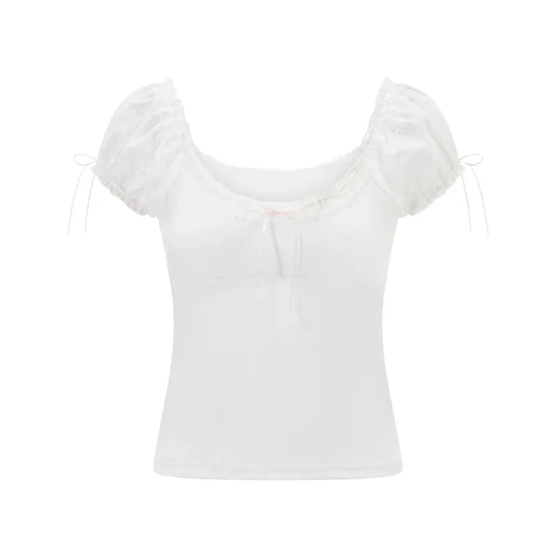 Fairycore Crop Top y2k Clothes Lace Trim Scoop Neck Knitted T Shirt with Bow 2000s Clothing Sweet Streetwear
