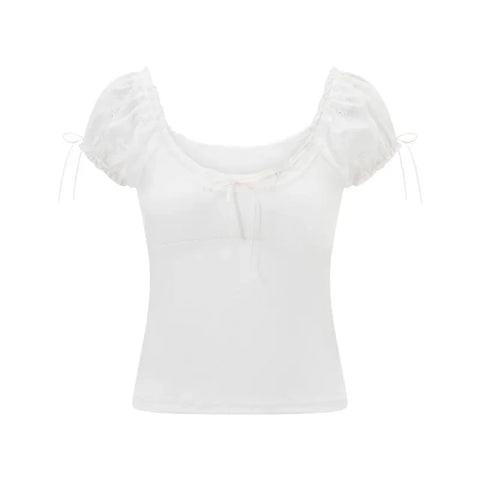 Fairycore Crop Top y2k Clothes Lace Trim Scoop Neck Knitted T Shirt with Bow 2000s Clothing Sweet Streetwear