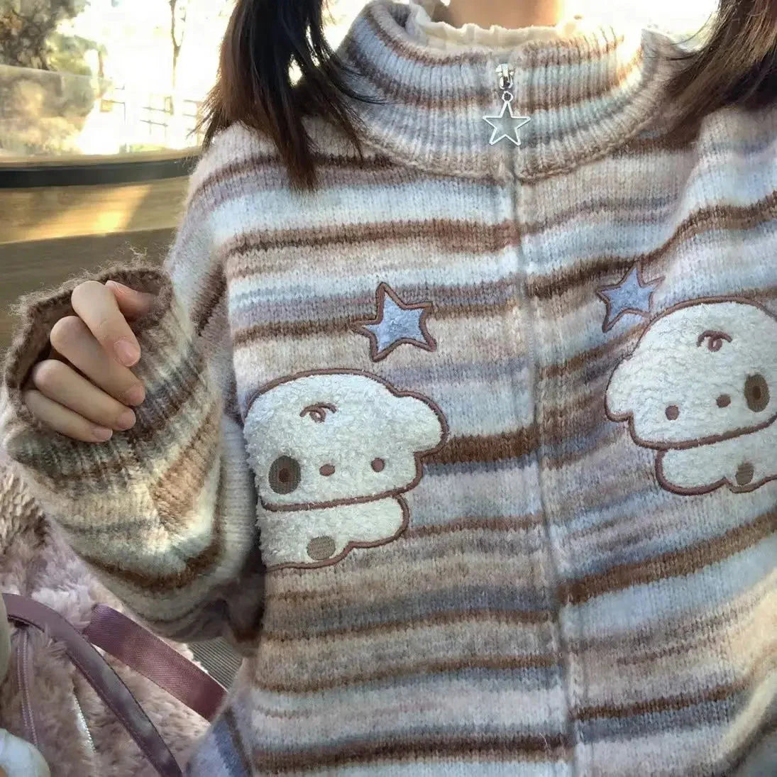 Y2k Aesthetic Japanese Knit Cardigan Kawaii Dog Embroidery Harajuku  Femme Striped Preppy Zipper y Womens