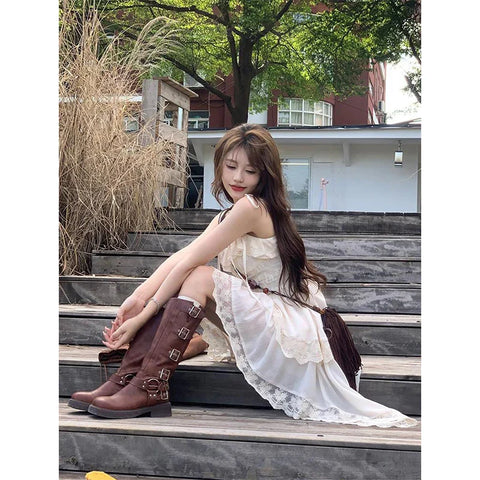 Voguable Y2K 2000S Irregular Midi Dress Fairy Lace Patchwork Strap One Pieces Dresses Vacation Korean Bodycon Vestidos