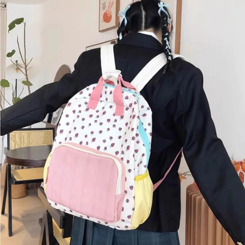 Japanese Kawaii Cute Strawberry Print Backpack Sweet Y2k Schoolbags Preppy Contrast Color Backpacks for Students