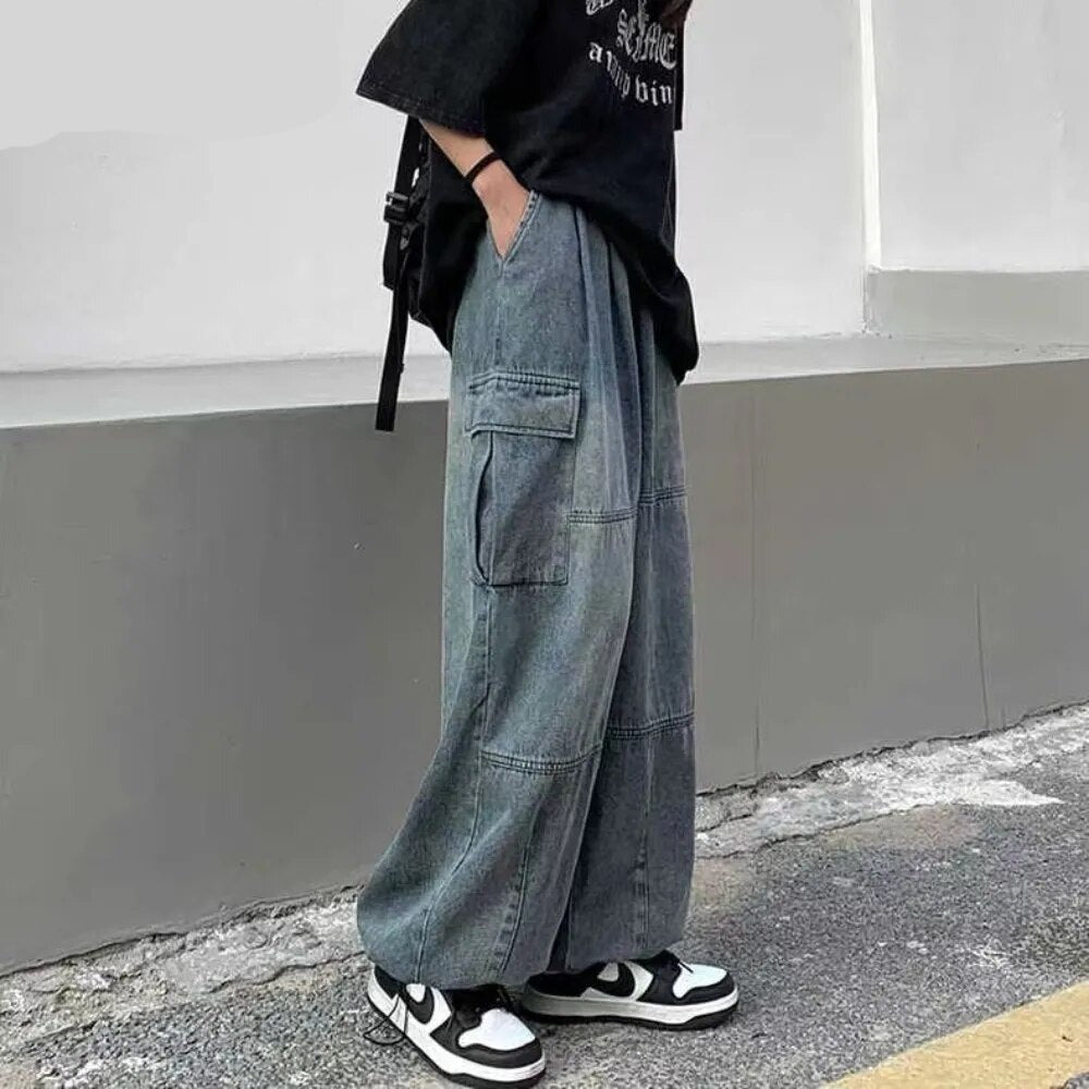 Trousers y2k baggy jeans for Wide leg Pants Pockets Elastic Waist Streetwear Loose comfortable Pants