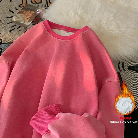 American Washed Old Pullovers Sweatshirts Loose Solid Color Large Size Warm O Neck Tops Hip Hop Y2k Sweatshirt