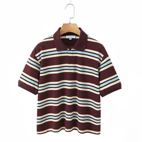 American Retro Contrasting Striped T Shirt Polo Collar Short Sleeve Preppy Vintage Tees Y2K Tops