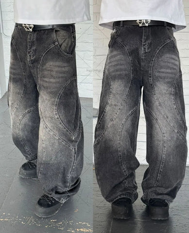 High Street Trendy Brand Baggy Wide Leg Jeans Harajuku Y2K Streetwear Punk Retro Embroidery Splicing Straight Leg Pants