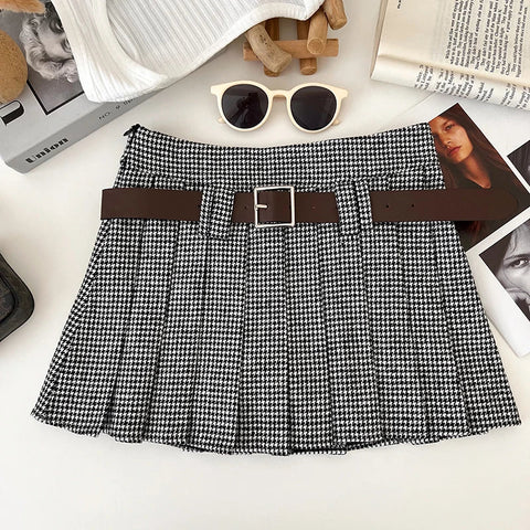 Y2K Low Rise Houndstooth Mini Skirt with Belt Woolen Pleated Mini Skirt Ladies Winter Outfit