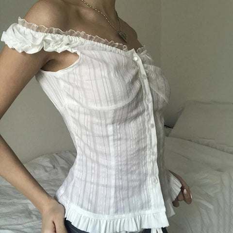 Voguable French Style Button-up Tank Top Chic Elegant Ruched Lace Stitching Slash Neck Camisole Cute Slim-fit Vest Y2K