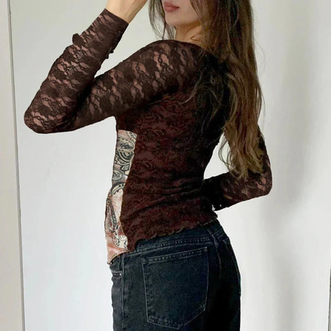 Brown Transparent Lace Sleeve Crop Top Grunge y2k Floral Print Square Collar T-shirt Retro Shirt Vintage 2000s Tees