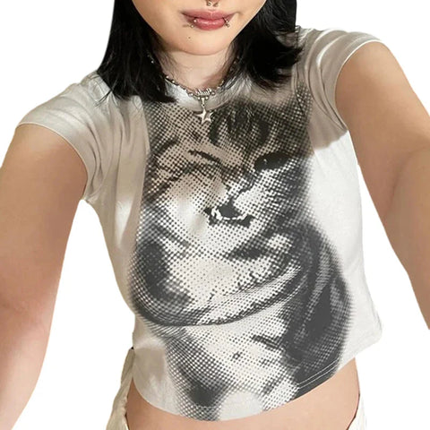y2k Crop Top Cute T Shirt Cat Print Round Neck Short Sleeve Baby Tee Graphic Clothes 2000s Streetwear