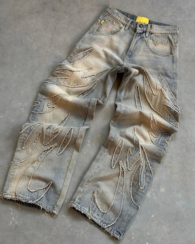 Vintage Raw Edge Embroidery Denim Pants Streetwear Distressed Patchwork Baggy Jeans for Y2k Straight Wide Leg Trousers