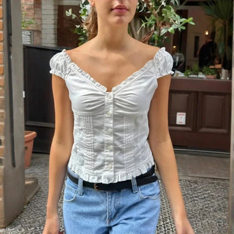 y2k Tank Top Clothes Solid Color Cap Sleeve Button Down Slim Fit Frill T Shirt 2000s Vest Streetwear