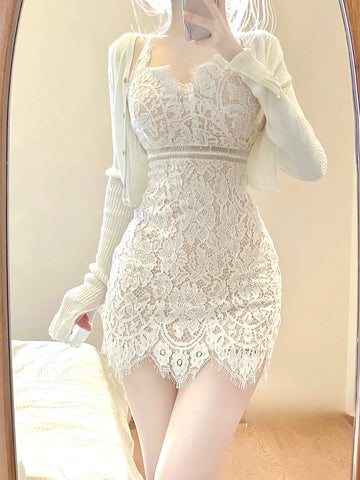 Voguable  Elegant Lace Clothing Suit Woman Korean 2 Piece Set Slim Y2k Mini Dress + Casual Short Cardigan Office Lady