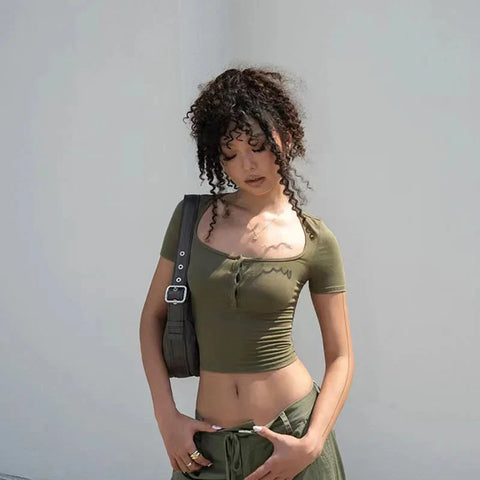 Y2K V Neck Crop Top Low Cut Skinny Button Up Cropped T Shirts Streetwear Solid Short Sleeve Tees