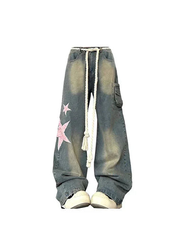 Baggy Star Jeans Vintage Harajuku Oversize High Waist Denim Trouser Emo 2000s Y2k 90s Aesthetic Wide Pants Trashy Clothes