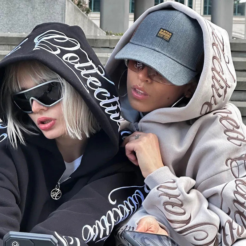 American Winter Sweatshirt Y2k Gothic Hip Hop Couple Hoodies Print Harajuku Zip Up Oversized Punk Grunge Black Jacket