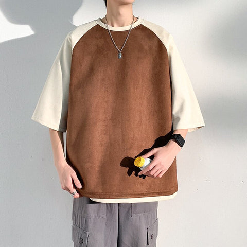 Baggy Short Sleeved Suede T-shirt  Versatile Color Matching Casual Tshirt Tops Trend Y2k Tees