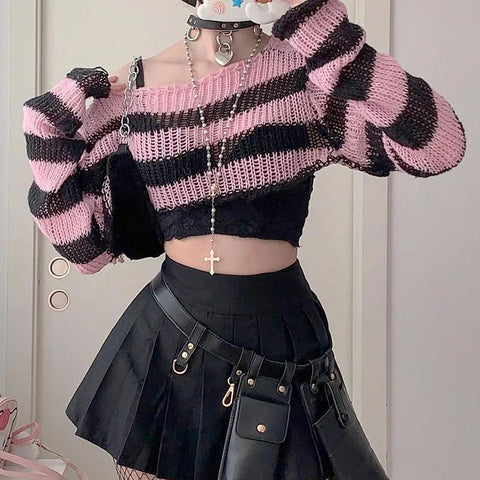 Voguable  Pink Contrast-paneled Crop Smock Top Y2K Aesthetic Cute Knitted Long Sleeve Pullover for Sweater Vintage Clothes