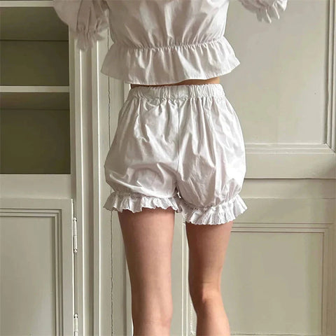 White Bloomers Ruffle Hem Bottoms Solid Color Elastic High Waist Panties Coquette Clothing y2k Victorian Shorts