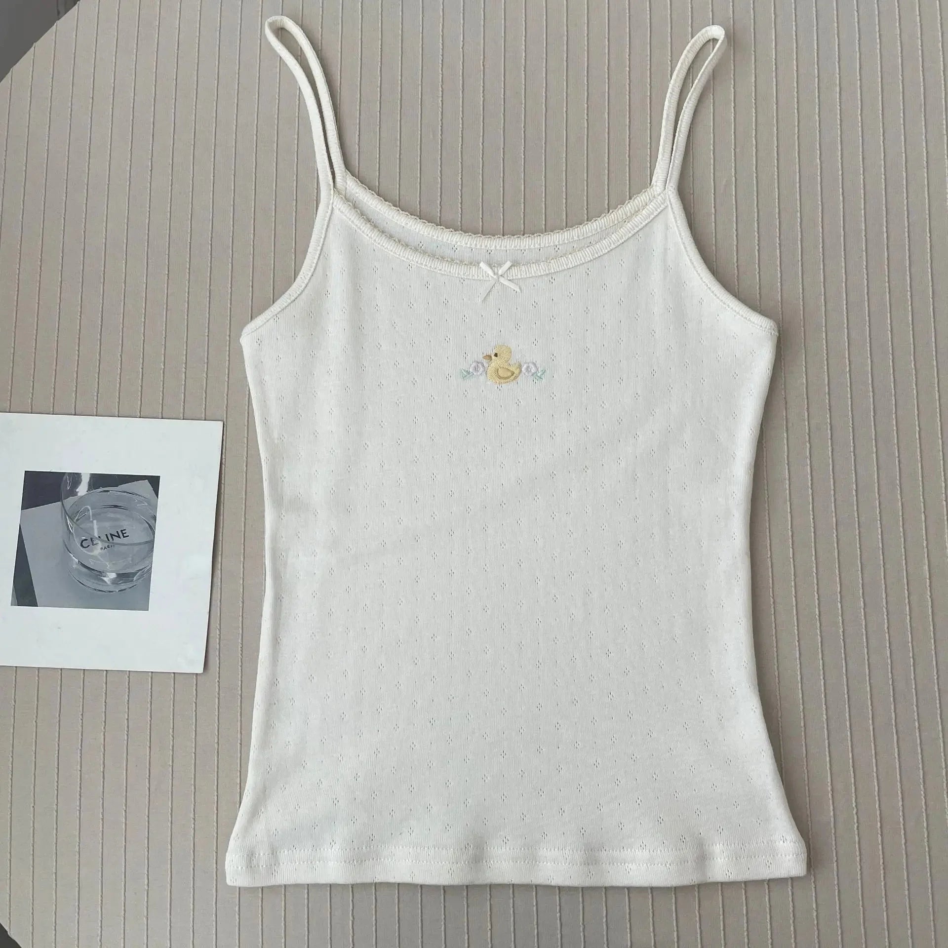 Floral Eyelet Bow Cotton Crop Tops Lace Trim Sleeveless Slim Tank Top Preppy Style Sweet Camisole Y2k Clothes