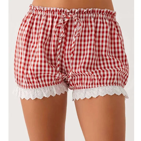 Cute Lace Trim Plaid Shorts Low Waist Y2k Pajamas Short Pants Casual Homewear