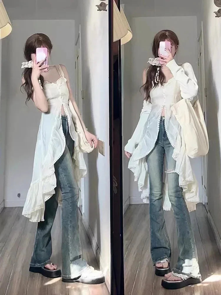Voguable 2000s Vintage Y2k Clothing Korean 2 Piece Skirts Sets Casual Y2k Crop Top Blouse + Strap Mini Dress Japanese Beach Party