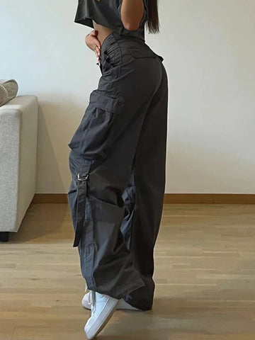 Voguable  Cargos Style Parachute Pants Low Waist Joggers Harajuku Pockets Baggy Wide Leg Trousers y2k Streetwear Casual