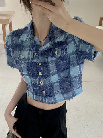 Tassel Cropped Plaid Shirt Vintage Streetwear Short Sleeve Blouse Casual Retro American Short Y2K Tops