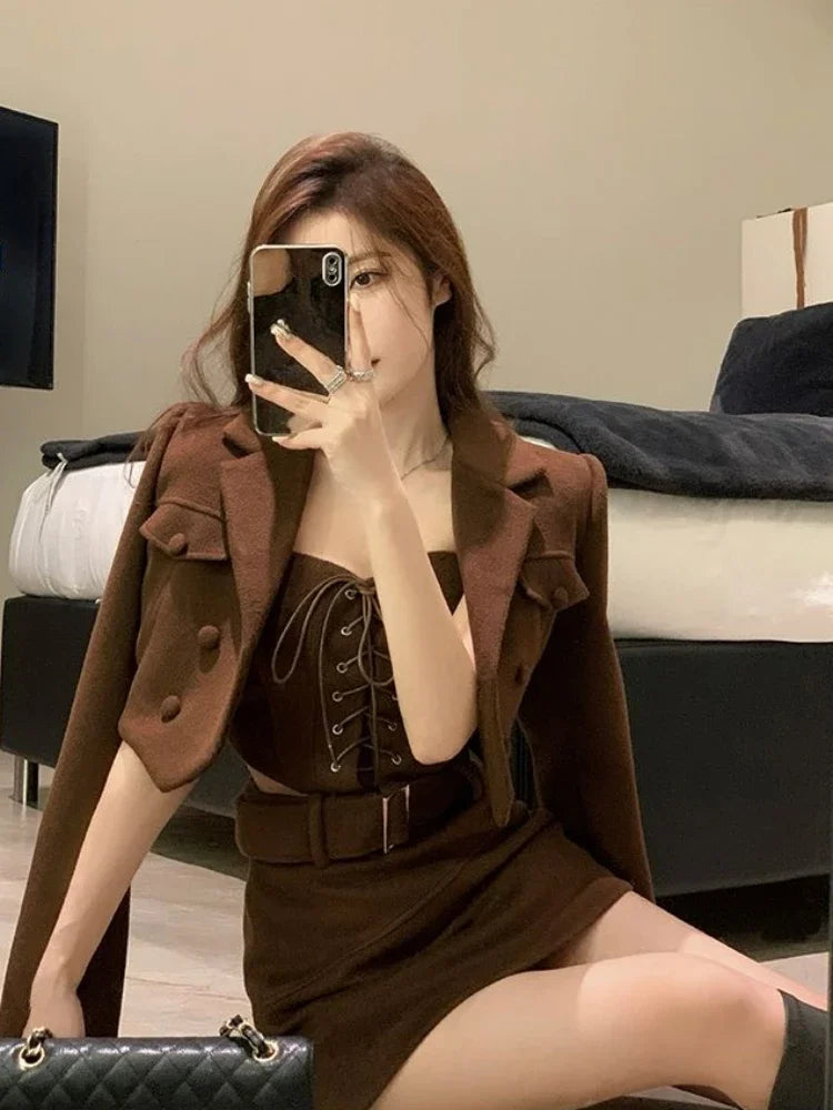 Voguable Warm Short Coat + Slim Vest + Bodycon Y2k Mini Skirt Korean 3 Piece Set Elegant Clothing Woman Chic