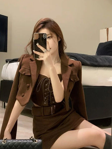 Voguable Warm Short Coat + Slim Vest + Bodycon Y2k Mini Skirt Korean 3 Piece Set Elegant Clothing Woman Chic