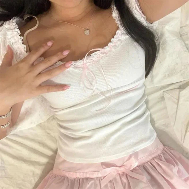 Fairycore Crop Top y2k Clothes Lace Trim Scoop Neck Knitted T Shirt with Bow 2000s Clothing Sweet Streetwear