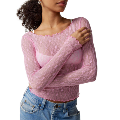 Lace Tops for y2k Clothes Sheer See Through Round Neck Long Sleeve Ruched T Shirt 2000s Clothing Party Clubwear