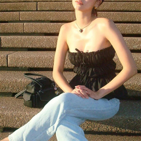 Tube Tops y2k Clothes Solid Color Off Shoulder Strapless Sleeveless Ruched Bandeau Tie Up Vest 2000s Streetwear
