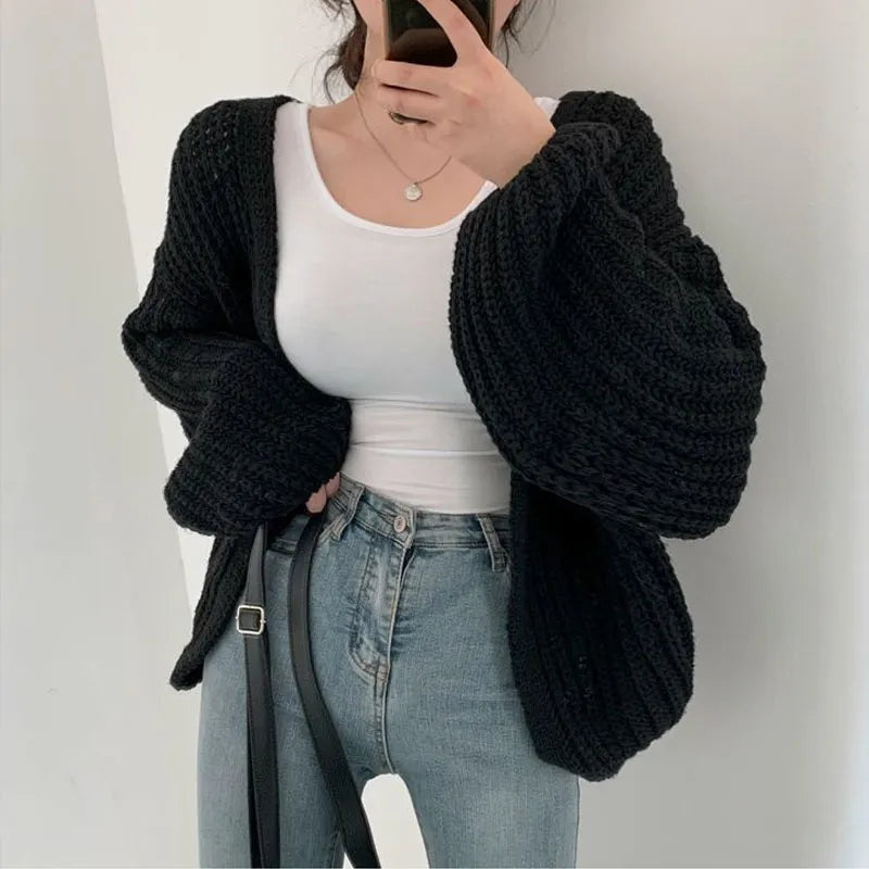 Cardigan Knitted Sweater Casual Korean Vintage Harajuku Lantern Sleeve Tops Coat Lazy Wind Y2k Sweater
