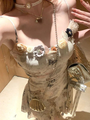 Voguable Sweet Floral Party Mini Dress Korean Printing Floral Y2k Dress FeSlim Chic Strap Beach Designer Dress