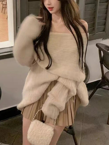 Design White Knitted Sweater Long Sleeve Pure Color Korean Y2k Clothing Elegant Pullover Female
